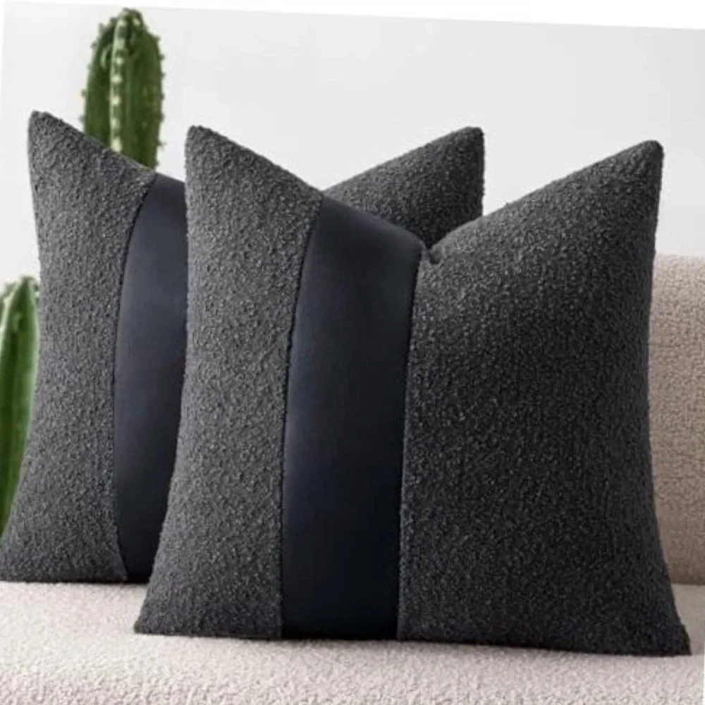 NWT 2-Boucle Pillow Covers 18x18” with Faux Leather, Charcoal Black